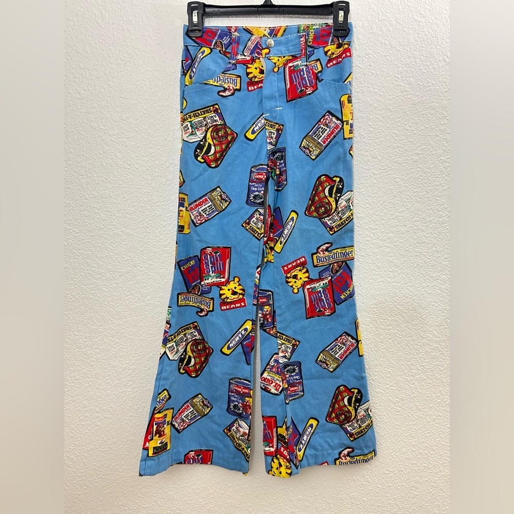 70’S VINTAGE WACKY PACKAGES Canvas Flare Bottom Pants Juniors BABY BLUE RARE